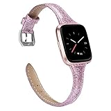 TOYOUTHS Leather Strap Compatible with Fitbit Versa Bands, Slim Genuine Leather Wristbands Replacement for Versa Lite Special Edition Versa Glitter Accessories Shiny Light Purple