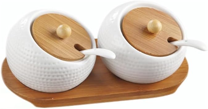 2 Pcs Porcelain Condiment Jar Set, Spice Container with Bamboo Cap and Ceramic Serving Spoon, Wooden Tray, Used to Store Sugar, Spices, Coffee, Tea, 170 ML5.8 OZ