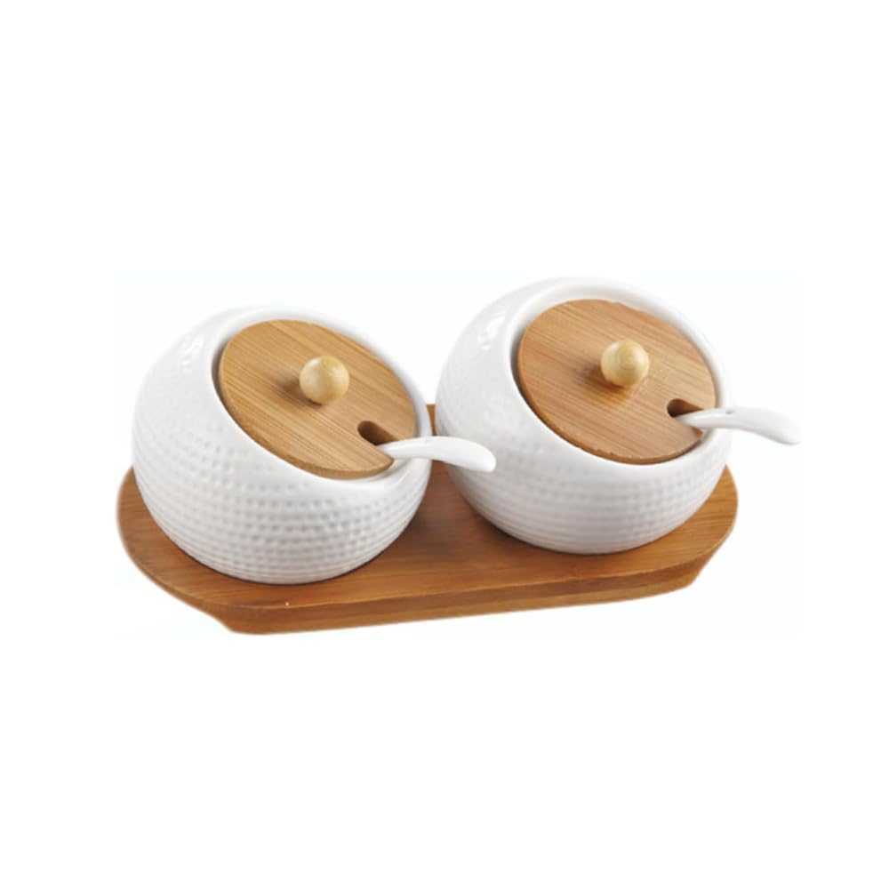 MIATTCLD 2 Pcs Porcelain Condiment Jar Set, Spice Container with Bamboo Cap and Ceramic Serving Spoon, Wooden Tray, Used to Store Sugar, Spices, Coffee, Tea, 170 ML(5.8 OZ)