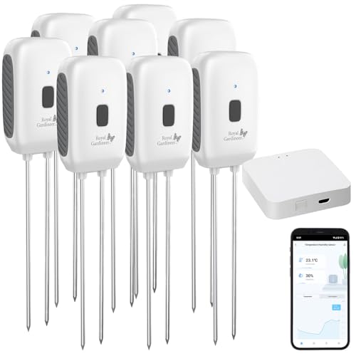 Royal Gardineer Garten-Boden-Thermometer: 8er-Set Boden-Feuchtigkeits-&Temperatur-Sensoren mit WLAN-Gateway, App (Feuchtigkeitsmesser WLAN, Moisture...