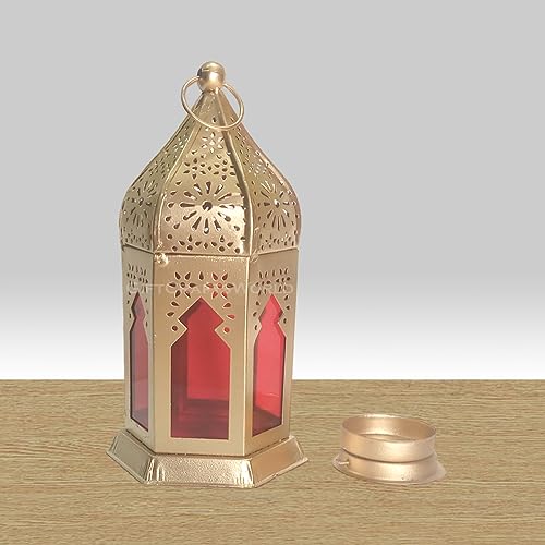 Image of Moroccan Lanterns & Candle Holders for Home Decor - Unique Diwali & Christmas Gifts (Red - Yellow, Set of 6)