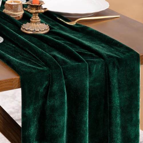 Socomi Green Velvet Table Runner 20 x 120 Inches 10ft Table Cloth Fabric Emerald Green Luxurious Cotton Thanksgiving Christmas Wedding Runner for New Year Bridal Shower