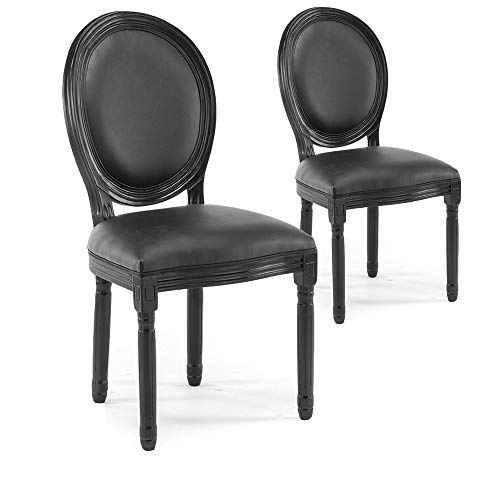Menzzo Lot de 2 chaises médaillon Royale – Simili Cuir Noir & Bois Massif – Style Louis XVI Chic – Assise et Dossier capitonnés – L49 x P46 x H96 cm