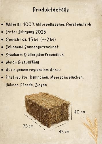 Strohballen 15  kg aus Gerstenstroh – für Kaninchen, Meerschweinchen, Pferde | Premiumqualität | Ernte 2025