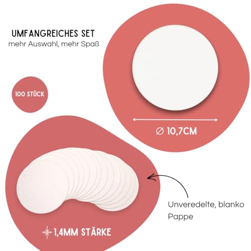 EV® Bierdeckel Pappe - 100 Stück, Rund (Ø 10,7 cm) - Made in Germany - Blanko Untersetzer zum Bemalen & Basteln - Das Perfekte DIY Set für Kreative Köpfe