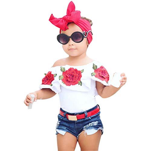 2Piece Toddler Baby Kids Girl Off Shoulder Outfits Set,Floral Print Strapless Ruffle T-Shirt Fashion Ripped Denim Shorts Suit