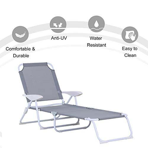 Outsunny Folding Chaise Lounge, Outdoor Sun Tanning Chair, 4-Position Reclining Back, Armrests, Iron Frame & Mesh Fabric For Beach, Yard, Patio, Gray #TOP4