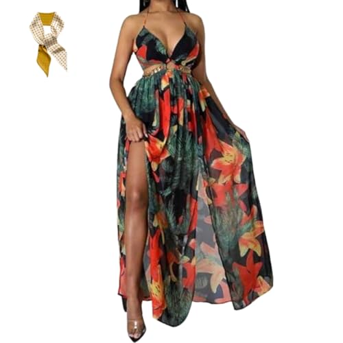 Women's Floral Print Chain Decor Split Thigh Tie Back Cami