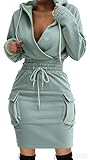 BIRW Size L Green Hoodie Dress for Women 2026 Slim Casual Long Sleeve High Waist Drawstring Pullover Bodycon Sweatshirt Dresses with Pockets