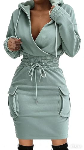 BIRW Size L Green Hoodie Dress for Women 2026 Slim Casual Long Sleeve High Waist Drawstring Pullover Bodycon Sweatshirt Dresses with Pockets