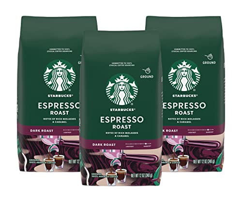 Image of Starbucks Ground Coffee, Espresso Roast, Dark Roast Coffee with Notes of Rich Molasses & Caramel, Ground 100% Arabica Coffee, 12-Ounce Bag (Pack of 3)