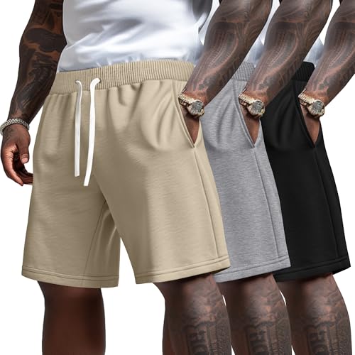 Ficerd 3 Pack Big and Tall Men's Sweat Shorts 9'' Plus Size Bermuda Drawstring Elastic Waist Shorts with 3 Pocket