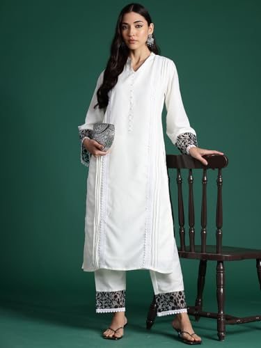 Image of INDO ERA Women's Silk Blend Embroidered Straight Kurta & Pant Set (KS9WH6908)