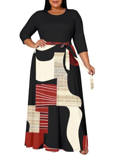 EQQZD Plus Size Maxi Dress 3/4 Sleeve Belted with Pockets Abstract Party