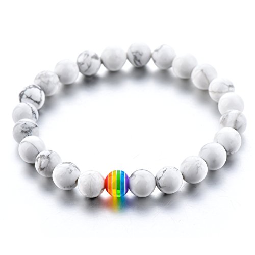 LGBT Relationship Bracelet | 2 Pieces | White Howlite, Black Matte Agate, Rainbow Resin | Oil Diffuser Beads | Gay Couples Strong Cord | Handmade | Love is Colorful2