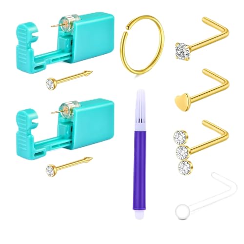 QWALIT Self Nose Piercing Kit at Home Nose Piercing Kit Nose Ring Piercing Kit Nose Piercing Kit with Nose Rings Disposable Nose Piercing Gun Kit Gold Piercing Kit for Nose