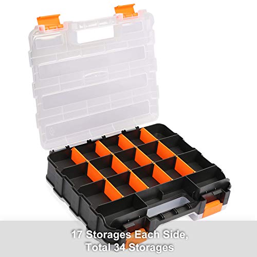 Casoman Double Side Tool Organizer With Impact Resistant Polymer And Customizable Removable Plastic Dividers, Hardware Box Storage, Excellent For Screws,Nuts,Small Parts, 34-Compartment, Black/Orange #TOP2