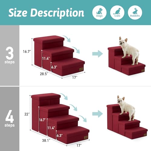 Image of Dog Stairs with Storage, 4-Step Wider Sturdy Dog Steps for Small /Medium /Large Dogs and Older Cats, Folding Doggie Ramp for Bed /Couch /Car Hold Up to 180 lbs (22 inch H, Burgundy)