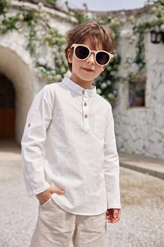 Image of Arshiner Boys Cotton Linen Henley Shirt Button Down Shirt Long Sleeve T Shirt Beach Shirt Tee Casual Solid Tops