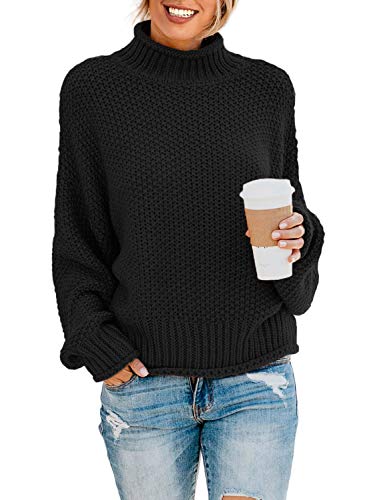 Dokotoo Fall Sweaters for Women 2025 Batwing Long Sleeve Turtleneck Sweaters Solid Autumn Basic Casual Halloween Sweaters Loose Oversized Chunky Knit Pullovers Sweaters Jumper Black Blouses Medium