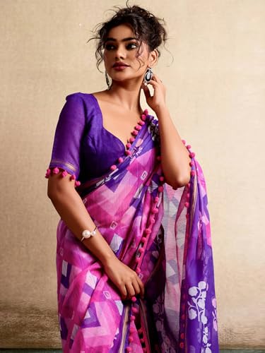 Image of AKHILAM Women's Cotton Printed Saree With Unstitched Blouse Piece