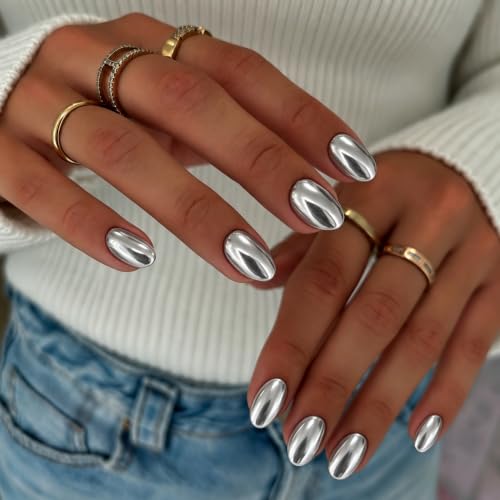 KQueenest Chrome Press On Nails Short Oval, Metallic Silver Fake ...