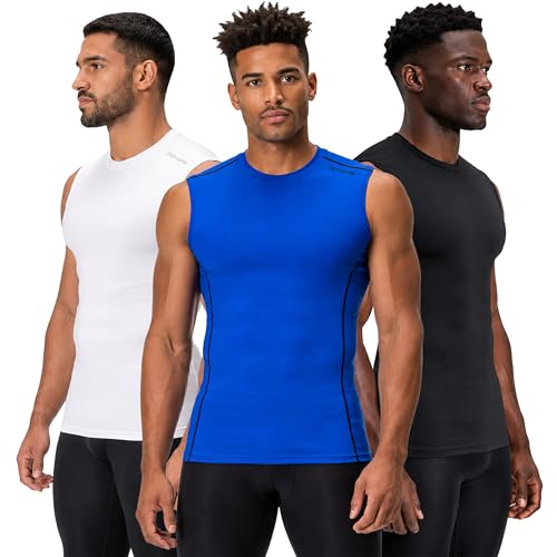 Image of DEVOPS 3 Pack Men's Athletic Compression Shirts Sleeveless | Gym Training, Running, Moisture Wicking, Compression Fit, 4-Way Stretch, UPF 50+, Sleeveless