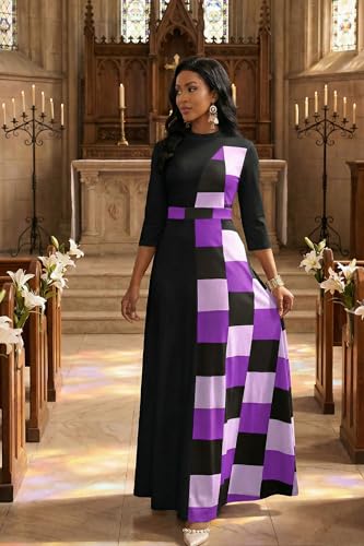 Image of FANDEE Womens Elegant Maxi Dresses Mock Neck Colorblock Casual Long Dress