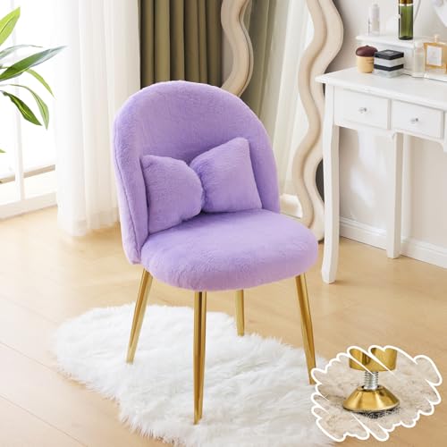Bonnlo Girls Vanity Chair with Back & Pillow, Cute Small Cozy Desk Chair No Wheels, Comfy Makeup Ch with Ajustable Gold Legs,for Bedroom,Living Room, Small Space, Purple