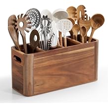 ZUJJAFY Utensil Holder, Extra Large Kitchen Utensil Holder for Counter with 4 Compartments, Wooden Kitchen Utensils Organizer for Countertop Cooking Spatula Storage, Acacia Wood