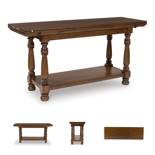 Image of Signature Design by Ashley Sturlayne Flip Top Sofa Table, Expandable Console to Dining Table, Drop Leaf Design with Hardwood Solids, Space-Saving Multi-Use Furniture for Living Room, Brown