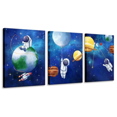 Biuteawal Space Wall Art for Boys Girls Kids Bedroom Nursery Room Decor Funny Astronaut and Planet Canvas Painting Blue Astronomy Poster Picture Prints 3 Piece Artwork Framed
