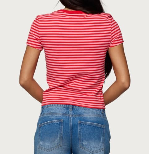 Image of Cute Striped Graphic Tees for Women Y2k Short Sleeve Preppy Teen Crop Tops