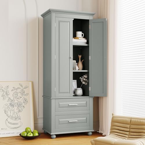 Image of Merax 62.5 inch Pantry Cabinet with Two Doors & Two Drawers, Adjustable Shelves Storage Cupboard for Kitchen /Dining Room /Bathroom, Gray