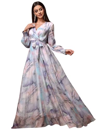 Image of LITZO Dress for Women || Women's Printed Wrap Maxi Gown || V‑Neck Long Sleeve Belted Flowy Dress for Parties, Weddings & Evening Events || Lightweight Sheer Layer Western Outfit (T-L-14-16)