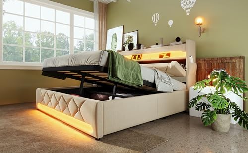 Gecheer Polsterbett Doppelbett 140 * 200, Stauraum Kopfteil mit USB und Typ C-Port, 360-Surround-LED-Funktion, Betten mit Hydraulisch Stauraum, Leinen, Beige for Schlafzimmer – Bild 3
