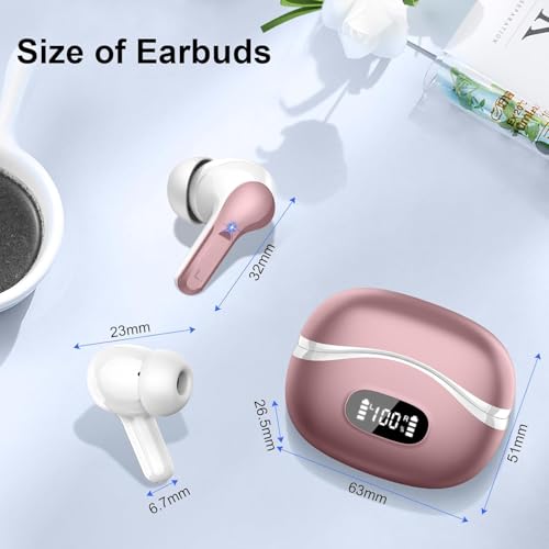 Image of Wireless Earbuds, Bluetooth Headphones 5.4 HiFi Stereo, Ear Buds with 4 ENC Noise Cancelling Mics, 48H Bluetooth Earbuds with Dual LED Display, IP7 Waterproof Earphones for Android iOS, Rose Gold
