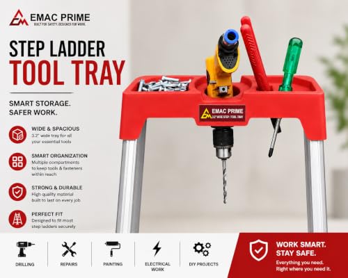 Image of EMAC Prime Aluminium 7 Step Ladder | 240 Kg Heavy-Duty Load Capacity | Extra-Wide 3.2 Inch Anti-Slip Steps | Foldable & Lightweight | for Home & Office Use with Platform and Tools Tray
