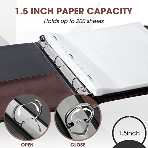 2 Pieces Vintage Hardback 3 Ring Binder Portfolio Organizer Round Rings Vintage Brown Leather Binder Organizer Holds 200 Sheets With 2 Inner Pockets(Brown, Black,1.5 Inch) #TOP1