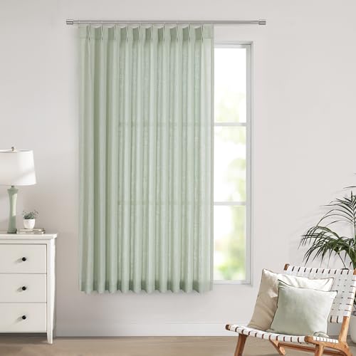Image of Vision Home Soft Green Pinch Pleated Semi Sheer Curtains Textured Linen Blended Light Filtering Window Curtains 72 inch for Living Room Bedroom Patio Pinch Pleat Drapes with Hooks 1 Panel 60 inch Wx72 L