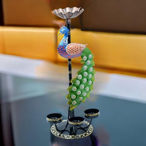 Image of Kraftskala Tea Light Candle Holder Decorative Peacock Showpiece Metal Figurine 4 Candle Diya Burner Slots for Living Room, Diwali Gifts, Home Decor
