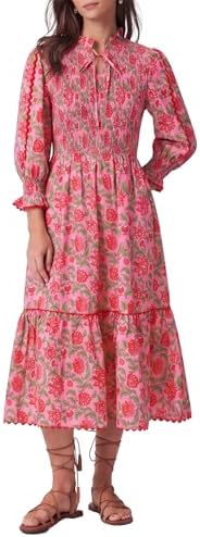 Kedera Women Floral Midi Dress, Long Sleeve Smocked Tiered Flowy Dress