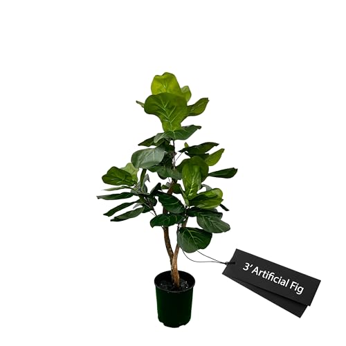 Cypress & Alabaster Handmade 3ft Fiddle Leaf Fig Ficus Lyrata Artificial Tree with Ethically Sourced Real Wood Trunks, Hypoallergenic, 3-Foot, Green