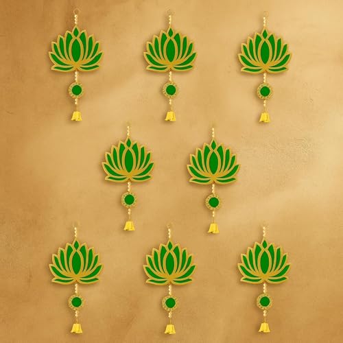 Image of ARLICORPING Wooden Lotus Wall Hanging for Festive Decoration - Diwali, Ganpati, Pooja Room, Mandir, Living Room, Door, Hall, Entrance, Spiritual Decor (Lotus + Bell-Green, Pack of 2)