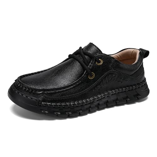 Men's Genuine Leather Lace Up Platform Loafers Hand Stitching Casual Comfortable Anti-Slip Soft Bottom Slip-on Loafers Outdoor Driving Walking Shoes