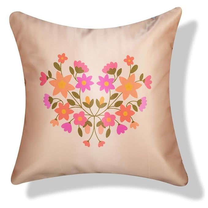 Image of Decorative Satin Sofa Cushion Covers Set of 5, 16 x 16 Inches, Multicolor Floral Printed Pillow Covers for Living Room, Bedroom, Couch & Sofa, Soft Glossy Fabric, Zipper Closure