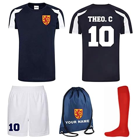 Personalised Scotland Style Kit Navy and White Football Shirt, White Shorts, Bag and Socks for Boys and Girls Best Birthday Gift for Children Kids Playwear Cover