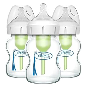 Dr. Brown’s Natural Flow Anti-Colic Options+ Wide-Neck Glass Baby Bottles 5 oz/150 mL, with Level 1 Slow Flow Nipple, 3 Pack, 0m+
