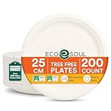 ECO SOUL 25 Cm (10 Zoll) Kompostierbare weiße Teller (200 Stück) | 100% Biologisch Abbaubar | Einweg & Umweltfreundlich | Robuste Teller aus Zuckerrohr | Ideal für Vorspeisen, Snacks & To-go