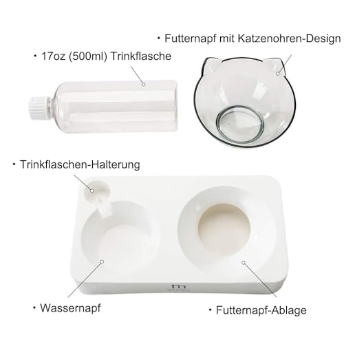 Marchul Katzennapf-Set mit Matte, Futternapf-und Wassernäpfe für Katzen und Kleine Hunde, 15° Neigbar Fressnapf Katze mit Automatischer Wasserflasche (Weiß+Matte)